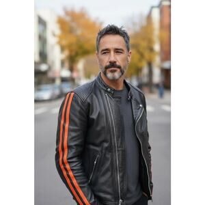 Xelement Black Leather Motorcycle Jacket Orange Reflective Stripes 2XL